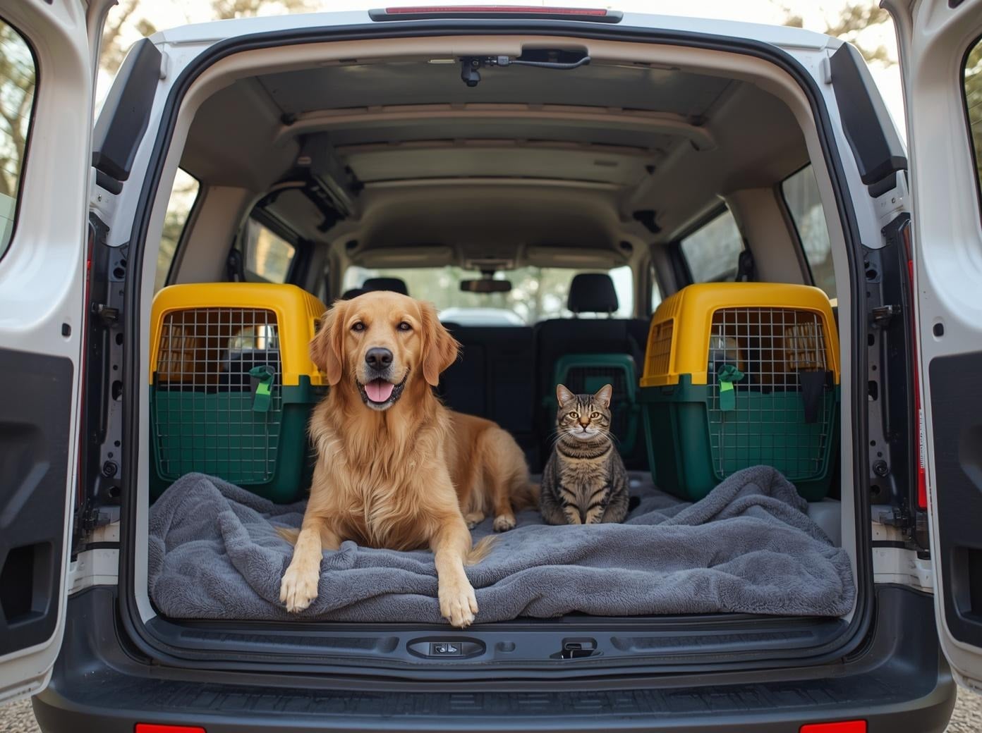 Pet Nakliye aracının içinde sakin duran altın renkli Golden Retriever köpek ve tekir kedi; yanlarında profesyonel pet taşıma kafesleri ve rahat battaniye